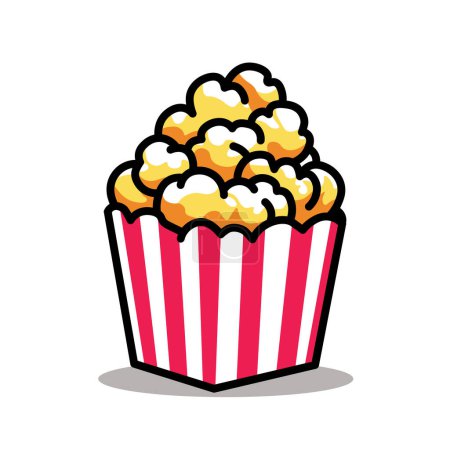 Ilustración Vector Dibujos animados gráficos de palomitas de maíz envasadas en blanco y rojo Icono, Significación de golosinas en la hora de la película, delicias de bocadillos y entretenimiento Alegría en un estilo lúdico y vibrante