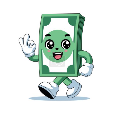 IIlustración Vector Dibujos animados gráficos de una mascota del dinero caminando, simbolizando el éxito financiero y la prosperidad, ideal para los diseños de negocios