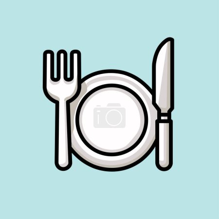 Illustration Vector Graphic Cartoon of a Plate with Knife and Fork, Representing Culinary Art and Dining Experience