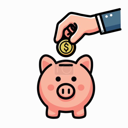 Ilustración Dibujos animados gráficos vectoriales de ahorrar dinero depositando monedas en un icono de alcancía, simbolizando la planificación financiera y la creación de riqueza
