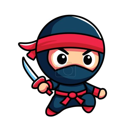 Illustration Vektor Graphic Cartoon eines Mini-Ninja, der den Geist der Samurai umarmt, Heimlichkeit, Geschicklichkeit und Ehre vermittelt