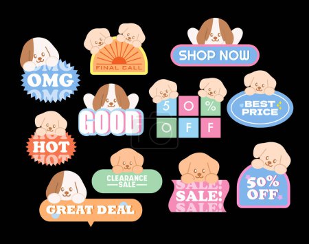 Cute pastel sale badges with puppy such as Shop Now, OMG, HOT, 50% OFF, Best Price, Clearance Sale, Great Deal for online shopping, patches, standee, discount, promotion, marketing, communication, business, web button, animals, campaign, ads, cartoon