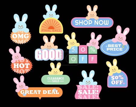 Bunny sale badges including OMG, Shop Now, HOT, 50% Off, Best Price, Clearance Sale, Great Deal for online shopping, marketing, easter promotion, sticker, banner, button, campaign, discount, ads, cartoon, character, tags, standee, department store