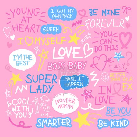 Girl power and women empowerment texts such as boss baby, super lady, queen, smarter, be kind, you can do this, forever, cool with you for sticker, print, card, hand written font, typography, letters, decorations, tattoo, cute patch, Valentine's Day