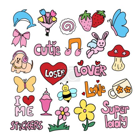 Kid drawing style elements of bunny, dog, bee, butterfly, strawberry, mushroom, dessert, heart, flowers for cute animals stickers, tattoo, fabric print, decorations, logo, fruit icon, ad, card, children pattern, toy, doll, cartoon character, comic