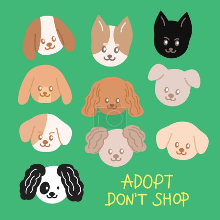 ADOPT DON'T SHOP puppy artworks for pet campaign, rescue animals, social media post, decoration, print, icon, logo, pet shop, dog, print, card, banner, background, wallpaper, cartoon character, plush toy, doll, patches, ads, brooch, marketing
