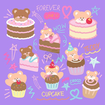 Cake pound, cake slice and cupcake with teddy bear for birthday card, party icons, logo, pet, pet shop, vet, pet food, animal sticker, cartoon character, toy, doll, pastel patches, sweet dessert, cafe, pet friendly restaurant, brooch, baking book