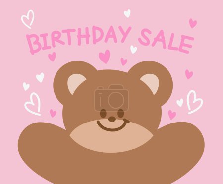 Illustration for Pink BIRTHDAY SALE banner template with Teddy Bear and hearts for campaign, background, wallpaper, social media, poster, print, card, backdrop, online shopping, promotion, special deal, birthday discount, sweet dessert, Valentine's deal, cafe, zoo - Royalty Free Image