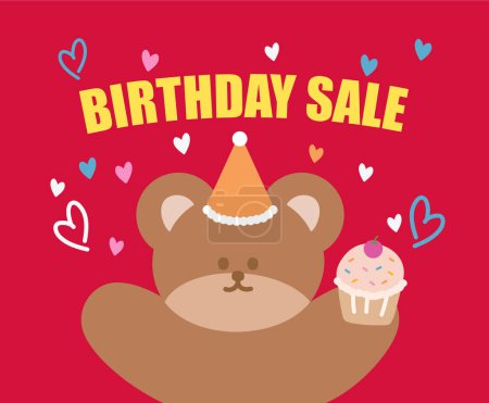 Illustration for BIRTHDAY SALE banner template with Teddy Bear, cupcake, party hat and hearts for birthday party, campaign, background, wallpaper, ads, social media, print, card, backdrop, online shopping, promotion, special deal, discount, sweet dessert deals - Royalty Free Image