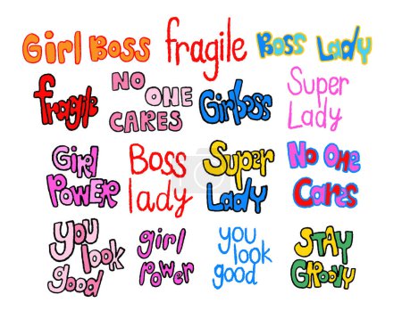 Hand written, kids style, fonts of girl powers such as girl boss, fragile, super lady, stay groovy for stickers, typography, logo, icon, decorations, social media post, print, tattoo, sign, symbol, cute patches, shirt print, card, women empowerment