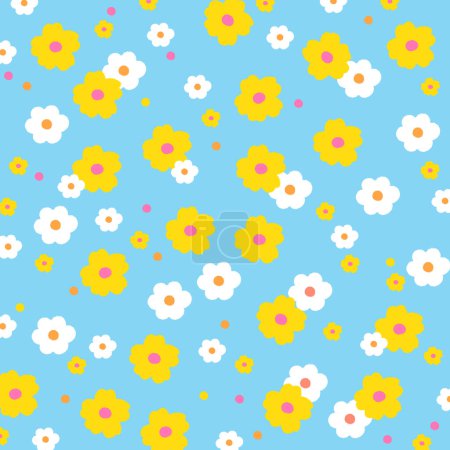 Vector illustration of white and yellow flowers on a blue background for floral print, wallpaper, backdrop, cute summer pattern, nature, garden, women clothing, fabric print, textile, shirt, garment, spring, memo, sticky note, book cover, design
