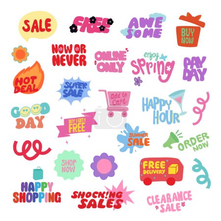Hand drawn sale tags including now or never, happy hour, payday, free delivery, summer sale, order now, online only for promotion, online shopping, marketing, discount badges, icons, campaign, ads, web button, standee, department store, card print