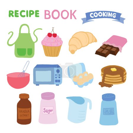 Hand drawn baking elements including apron, chocolate bar, whisk, microwave, oven, egg, vanilla extract, sugar, salt for cook book, icons, logo, cafe, restaurant, sweet dessert, cupcake, croissant, pancake, breakfast, menu, recipe, bakery, pastry
