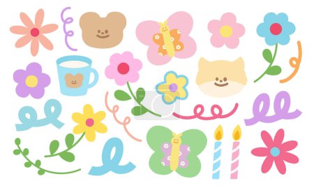 Cute elements vector illustration of flowers, butterfly, teddy bear, cat, abstract doodles in pastel colour for sticker, social media post, poster, print, icon, logo, animal, pet, vet, picnic, nature, garden, spring, summer, cartoon, character, toy
