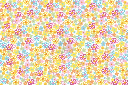 Vector illustration background of little colourful flowers for seamless pattern, spring, summer floral print, wallpaper, backdrop, nature, garden, picnic, clothing, fabric print, textile, garment, fashion, social media post, post card, kid shirt