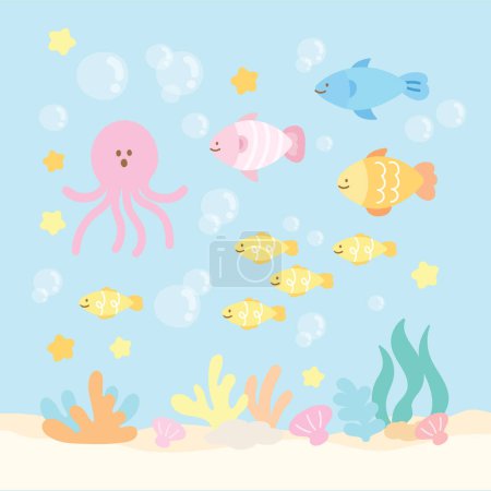 Quadratischer Hintergrund mit pastellfarbenen Meereslebewesen einschließlich Oktopus, verschiedenen Fischarten, Korallenriffen, Muscheln für die Meeresdekoration, Aquarium, Ozean-Logo, Symbol, Banner, Tapete, Hintergrund, Social-Media-Post, Print, Postkarte, Poster, Cartoon