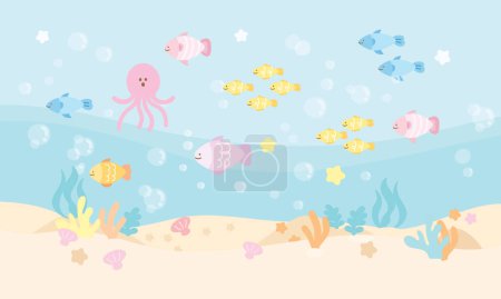 Rechteck-Hintergrund mit pastellfarbenen Meereslebewesen einschließlich Oktopus, verschiedene Arten von Fischen, Korallenriff, Muschel für unter dem Meer Dekoration, Aquarium, Ozean-Logo, Symbol, Banner, Tapete, Hintergrund, Social Media Post, Print, Postkarte, Poster, Karikatur