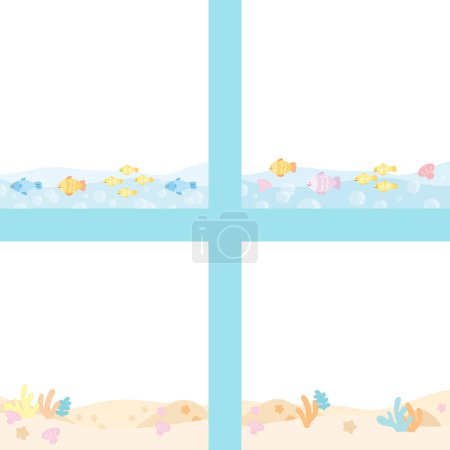 Set of under the sea with marine lives frames for decoration, banner, notepads, memo, sticky note, paper design, book cover, wallpaper, ad template, social media post, poster, print, backdrop, aquarium background, card, souvenir, pastel square frames