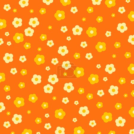 Pastellorange Blumen und gelbe Blumen auf orangefarbenem Hintergrund für Tapete, Hintergrund, Anzeigenvorlage, Social Media Post, Poster, Postkarte, Frühling, Sommer, Blumenmuster, Stoff, Kleidung, nahtlose Muster, Natur, Garten, Picknick, Mode, Papier