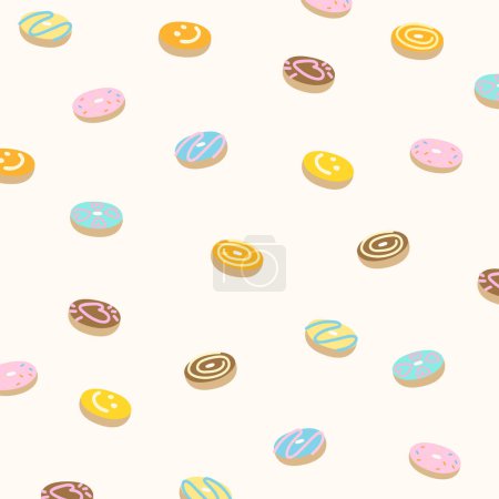 Vector illustration of doughnuts for background, wallpaper, backdrop, fabric print, banner, template, frame, post card, card, social media post, summer, picnic, seamless pattern, kid clothing, shirt, sweet dessert, cafe, bakery, pastry, baking book
