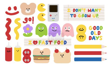 Good old day elements including colouring pencils, game boy, fast food, burgers, flowers, teddy bear, ketchup sauce, mustard sauces for decoration, sticker, banner, lunch, food icons, friendship, back to school logo, cartoon, character, plush toy