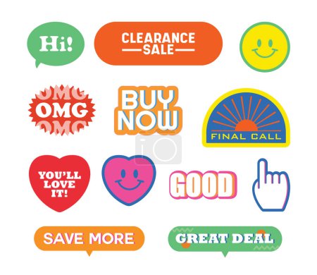 Cute and colourful sale tags including clearance sale, final call, buy now, good, great deal, save more, click here for discount badge, web button, campaign, logo, icon, online shopping, stickers, special offer, promotion, marketing, social media, ad