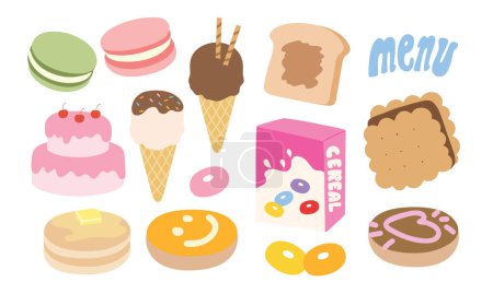 Hand drawn food and desserts such as peanut butter bread, strawberry cake, ice cream, chocolate biscuit, pancake, cereal and doughnut for cafe, restaurant, menu, recipe, food, breakfast, sweet dessert, logo, icon, baking book, grocery shopping, toy