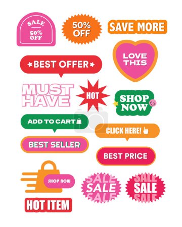 Cute and colourful sale tags including 50 percent off, save more, best offer, must have, love this, shop now, add to cart, best seller, click here, best price, hot item for promotion, online shopping, marketing, discount badges, icons, campaign, ads