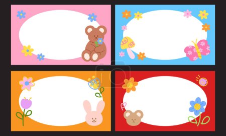 Set of frames with flowers, teddy bear, butterfly, bunny, mushroom for banners, name tags, memo, sticky notes, ad templates, notepads, spring, summer, rectangle frames, animals, zoo, nature, garden, supermarket, picnic, grocery shopping, floral icon