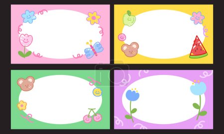Set of doodle frames with flowers, teddy bear, butterfly, watermelon, apple and cherry for banners, name tags, memo, sticky notes, ad templates, notepads, spring, summer, rectangle frames, animals, nature, garden, picnic, grocery shopping, floral