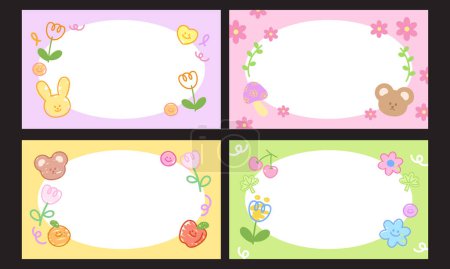Set of pastel doodle banners with flowers, bunny rabbit, teddy bear, orange, apple and cherry for summer frames, name tags, notepads, memo, prints, ad template, social media, posters, background, wallpapers, sticky notes, easter icon, book cover