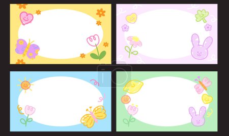 Set of pastel doodle banners with heart, flowers, butterfly, bunny rabbit, lemon, sun for summer frames, name tags, notepads, memo, prints, ad template, social media, posters, background, wallpapers, sticky notes, easter icon, book cover, picnic