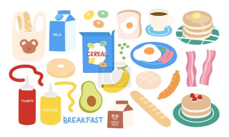 Vector illustration of breakfast elements such as pancake, milk, cereal, coffee, bread, fried egg, avocado, bacon, sausage, banana, ketchup, mustard sauce, donut, chocolate milk for food, fruits, snack, drink menu, picnic, sticker, grocery shopping