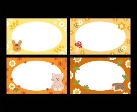 Set of autumn banners, frames, name tags, notepads, memo, sticky notes, social media posts, templates, ads, prints, backgrounds, wallpapers, icons, logos with autumn flowers, rabbit, hedgehog, green leaves, orange leaves, mushroom and cat cartoon