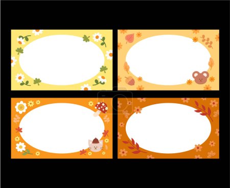 Set of autumn banners, frames, name tags, notepads, memo, sticky notes, social media posts, ad templates, print, background, wallpaper with autumn flowers, teddy bear, walnut, red leaves, orange leaves, mushroom and cat cartoon character