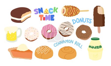Drawing of foods, snacks and desserts such as chocolate pie, corn dog sausage, ice cream stick, beer, donuts, banana milk, carrot pie with cream, cinnamon rolls for cafe, restaurant, icon, menu, recipe, bakery, pastry, grocery shopping, supermarket