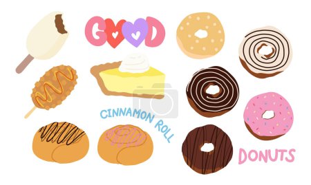 Drawing of food and desserts such as chocolate and strawberry donuts, cinnamon rolls, lemon cheese pie cake, ice cream and Korean corn dog for cafe, restaurant, recipe, menu, pastry, bakery, snack, baking book, grocery shopping, cuisine, supermarket