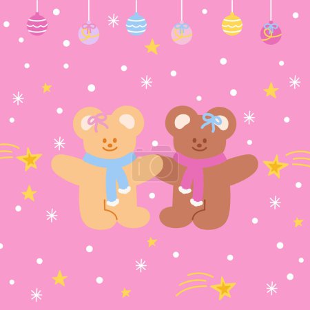 Illustration for Pink Christmas background with Teddy Bear, Christmas light, shooting stars, snow and snowflakes for Christmas card, wallpaper, backdrop, banner, ad template, social media, poster, fabric print, winter sticker, gift wrap, packaging, cartoon, character - Royalty Free Image