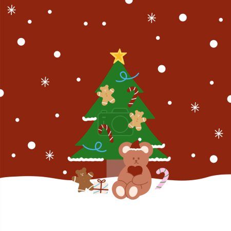 Illustration for Christmas background with Christmas tree, Teddy bear, gingerbread man, candy cane for Christmas card, print, wallpaper, backdrop, banner, frame, ad template, social media, poster, post card, fabric print, winter sticker, gift wrap, packaging, cartoon - Royalty Free Image