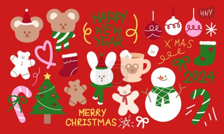 Christmas and New Year illustration of teddy bear, bunny, candy cane, snowman, Christmas tree, ornament, light, marshmallow hot chocolate drink for winter sticker, logo, festive icon, decoration, cartoon, character, plush toy, doll, cute patch, doll