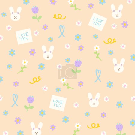 Cute rabbit, flowers, heart, LOVE YOU letters on a pastel orange background for sweet wallpaper, fabric print, animal backdrop, gift wrap, packaging, vet, pet shop, decoration, spring, summer, nature, garden, kid pattern, clothing, garment, textile