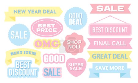 Pastel sale tags including new year deal, best price, best item, discount, good deal, shop now, final call, great deal, super sale for discount badge, web button, campaign, logo, icon, online shopping, stickers, promotion, marketing, social media, ad