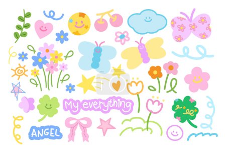 Illustration of blossom doodles such as flowers, butterfly, clover leaf, sun, cherry, pink ribbon, ANGEL, EVERYTHING letters for spring, summer, picnic, stickers, logo, icon, font, floral print, font, plush toy, cartoon, kid, toddler, cartoon, mascot