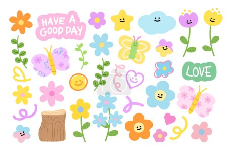 Pastel blossom doodle illustrations such as flowers, butterfly, timber wood, smiley, heart, confetti, LOVE for spring, summer, autumn, picnic, stickers, icon, font, floral print, plush toy, doll, cartoon, kids, toddler, cartoon, mascot, Valentine