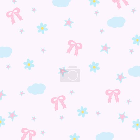 Illustration of pink ribbon, cloud, flower, star for girly pattern, kid clothes, gift wrap, packaging, background, fabric print, wallpaper, backdrop, picnic, spring, summer, blanket, standee, textile, dress pattern, duvet, blanket, ad template