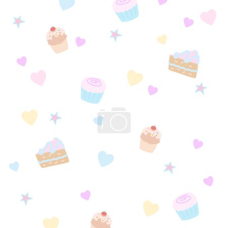 Vector illustration of cake, cupcake, heart, star on a white background for sweet dessert, birthday card, party, gift wrap, packaging, fabric, wallpaper, backdrop, kid clothes, picnic, cute pattern, celebration, cafe, restaurant, menu, recipe, baking