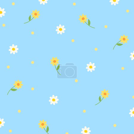Illustration of daisy flowers, sunflowers on a blue background for floral print, girly pattern, kid clothes, gift wrap, packaging, fabric, wallpaper, backdrop, picnic, spring, summer, textile, garment, toddler, baby, spring, summer, duvet, blanket
