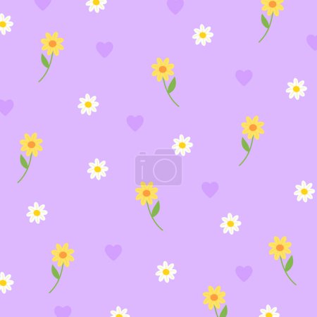 Illustration of daisy flowers, sunflowers, heart on a pastel purple background for floral print, girly pattern, kid clothes, gift wrap, packaging, fabric, wallpaper, backdrop, picnic, Valentine card, textile, garment, toddler, baby, spring, summer