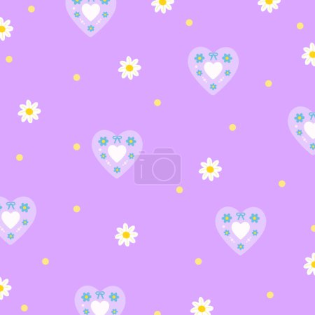 Illustration of flowers, heart on pastel purple background for floral print, girly pattern, kid clothes, dress, gift wrap, packaging, fabric, wallpaper, backdrop, picnic, Valentine card, textile, garment, toddler, baby, spring, summer, duvet, blanket