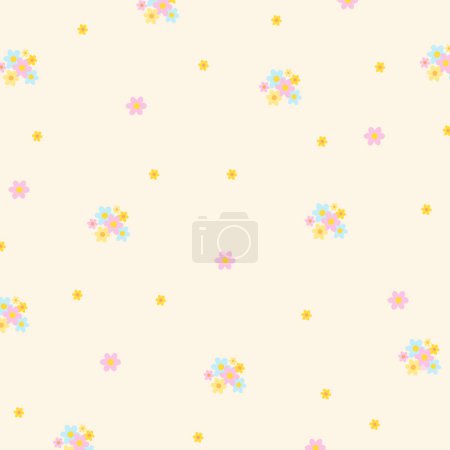 Illustration of flowers on a creamy background for floral print, girly pattern, kid clothes, gift wrap, packaging, fabric, wallpaper, backdrop, women textile, garment, nature, garden, spring, summer, picnic, duvet, blanket, apron, seamless pattern